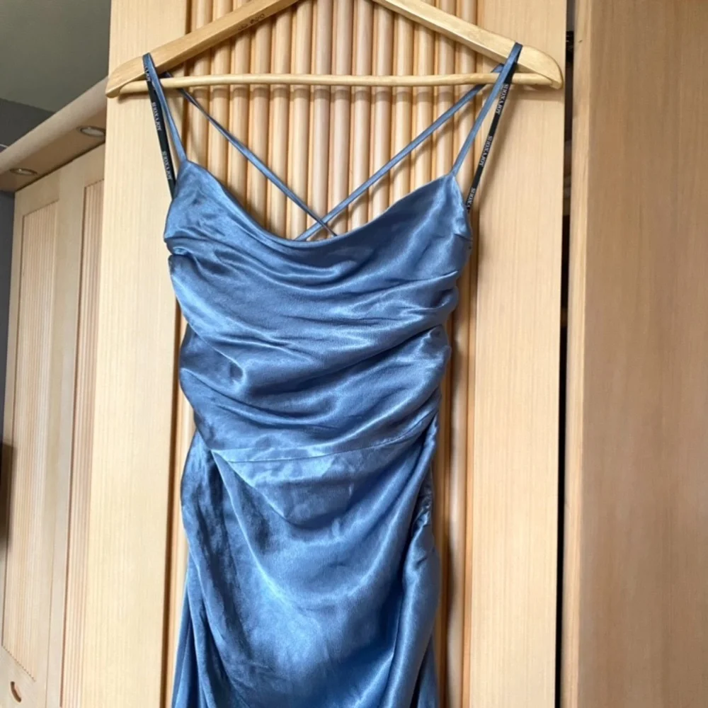 Shona Joy La Lune Cowl Neck Satin Lace Back Maxi Dress Smoke Blue - Picture 7 of 16